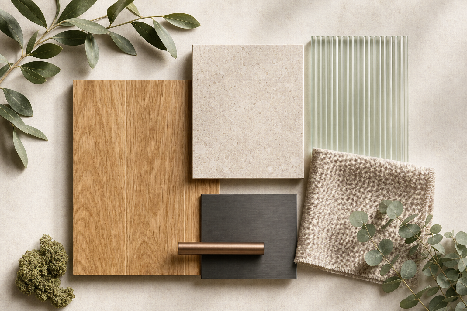 Materialmuster aus Holz, Stein, Glas, Metall und Naturtextilien